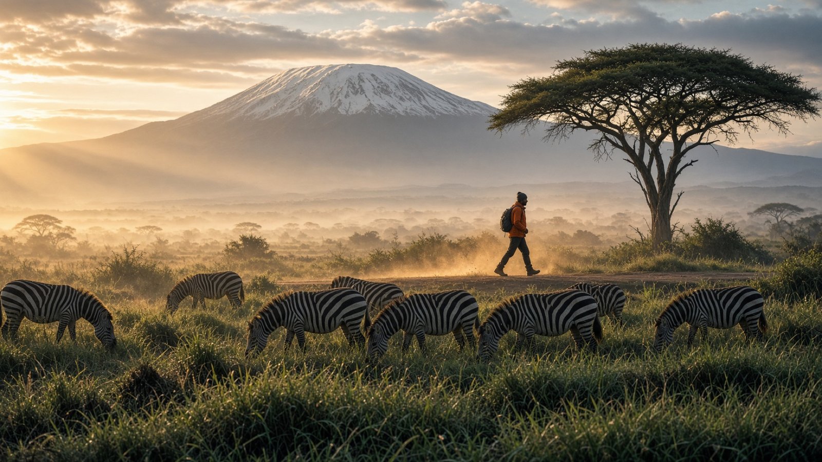 Hiker walking through the Tanzanian savanna toward Kilimanjaro