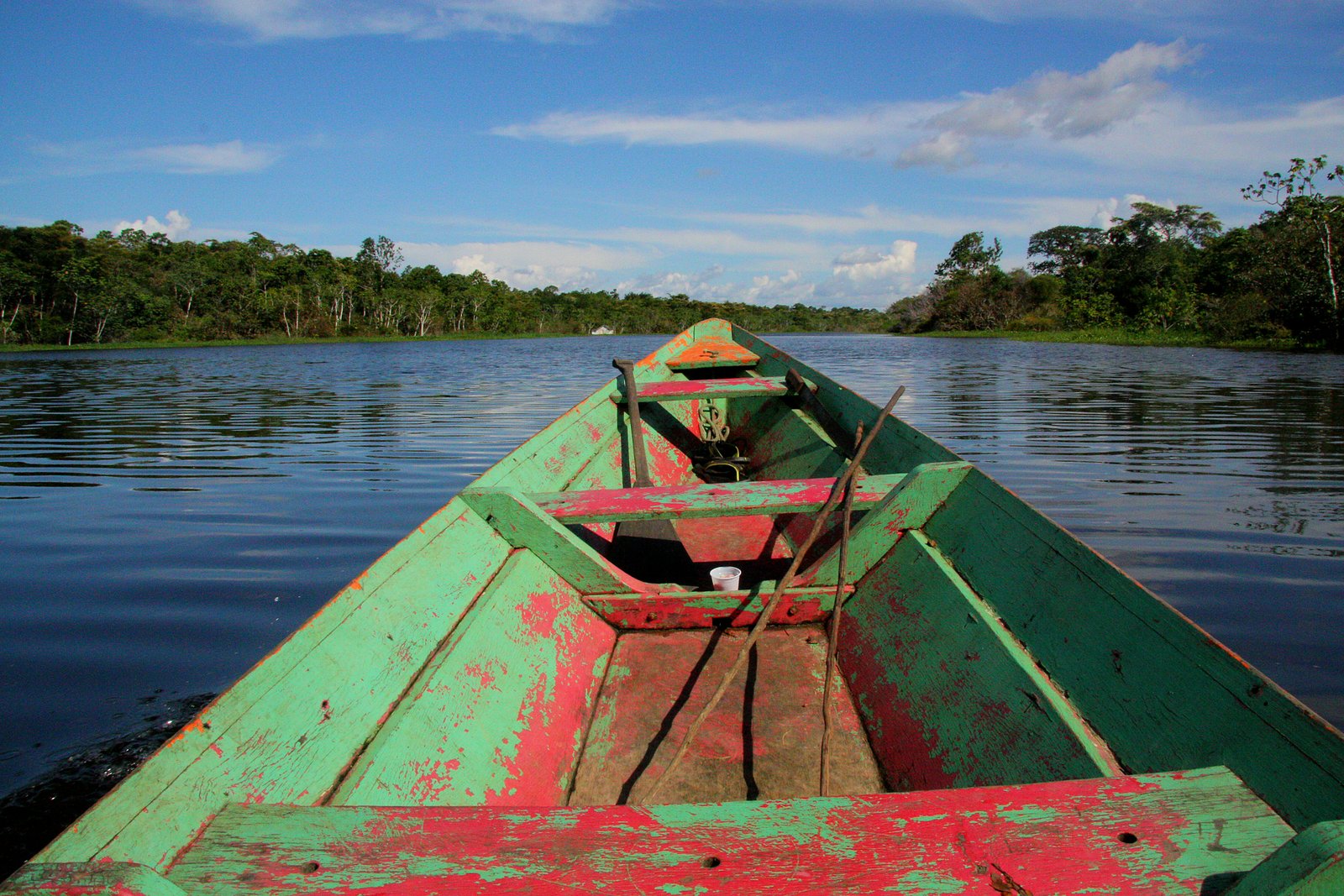 Wooden canoe on the Rio Negro. Water black from tannins, jungle on both banks.