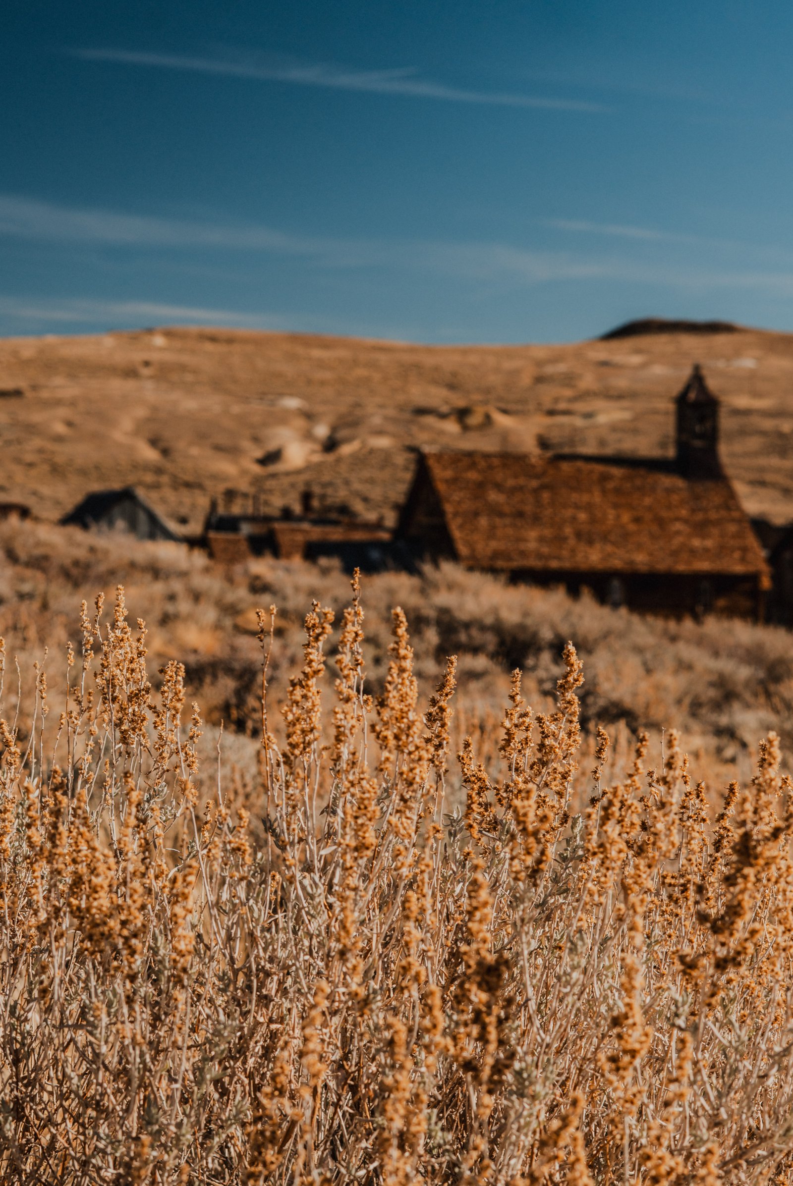 First view of Bodie from the access road. Wooden structures scattered across the high-desert basin.