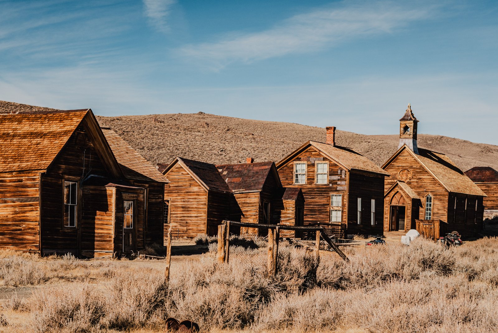 Sagebrush and church, Bodie ghost town