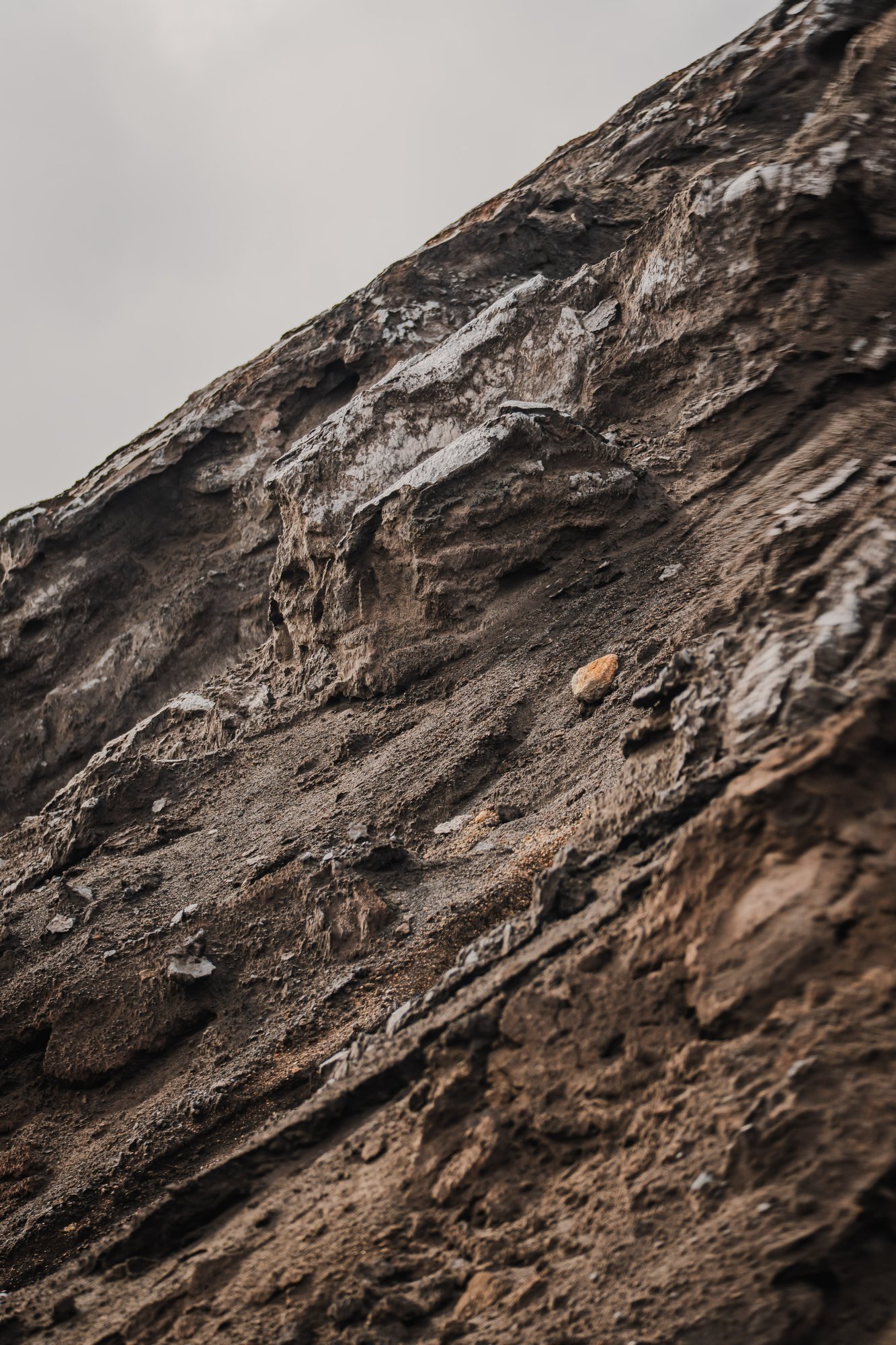 The outer slope of the crater. Ash, crust and pale mineral deposits.