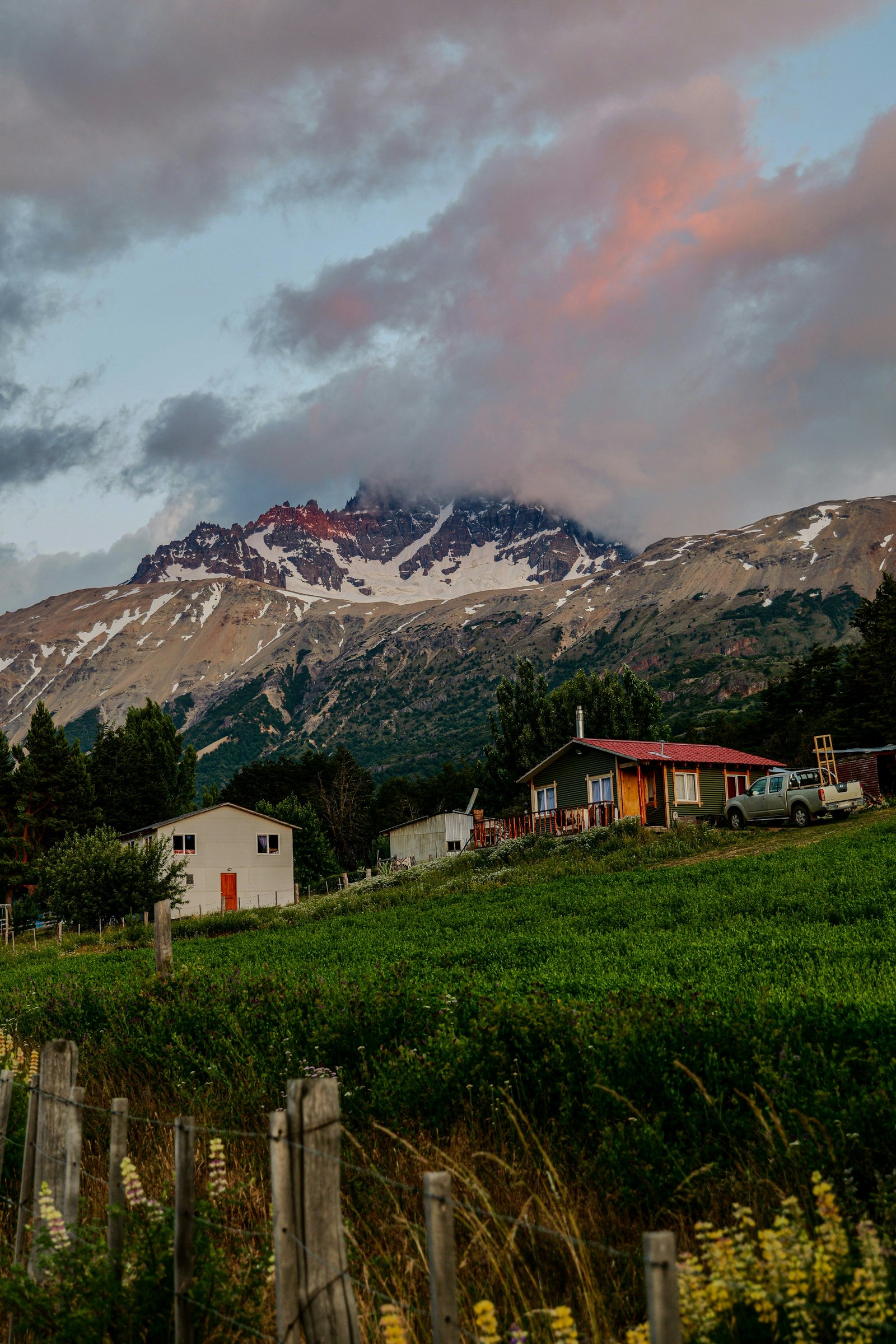 Cerro Castillo towers catching alpenglow above the valley