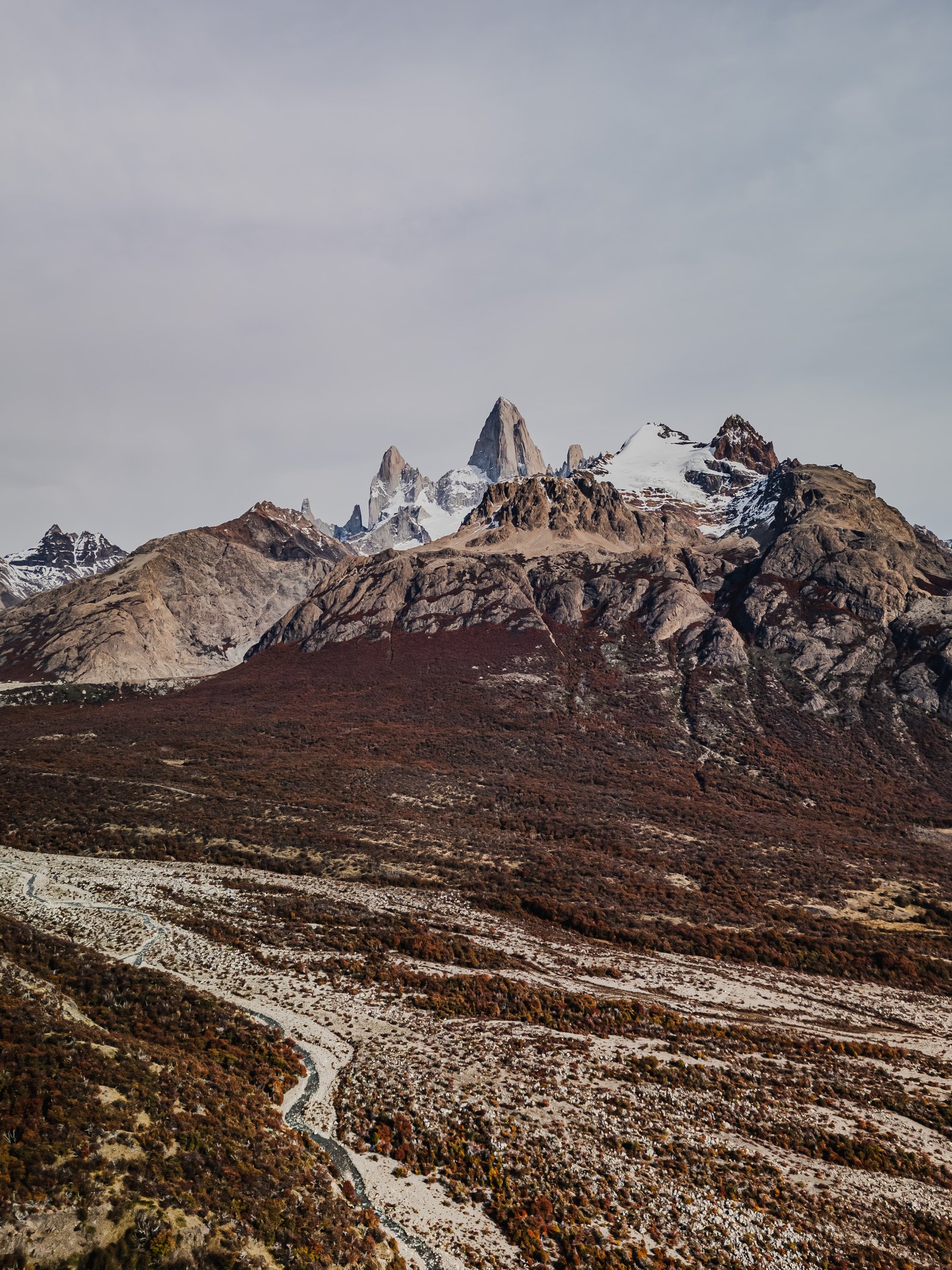 El Chaltén valley from above, drone view