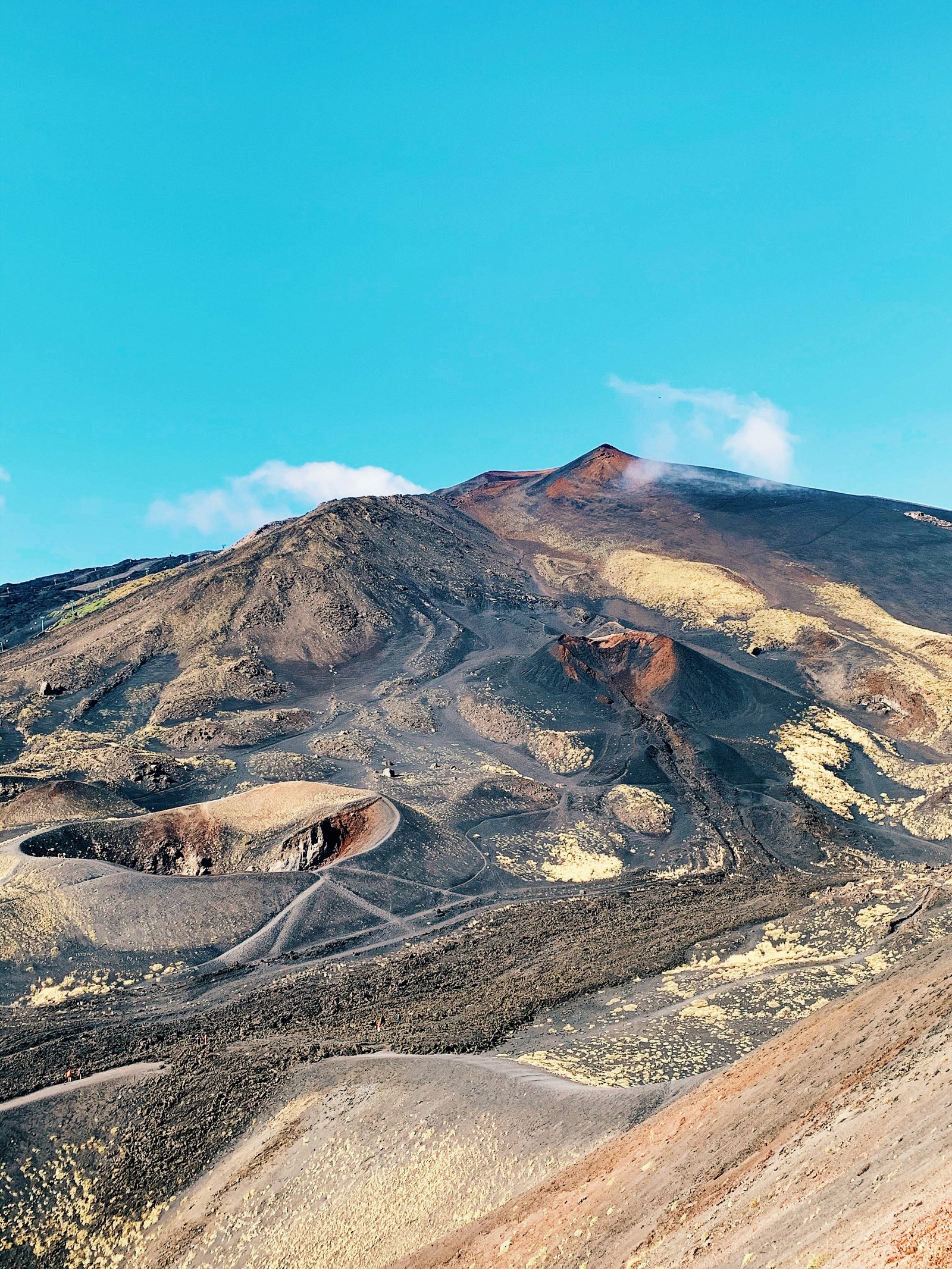 Etna summit craters smoking at night with the lava glow visible from the crater rim