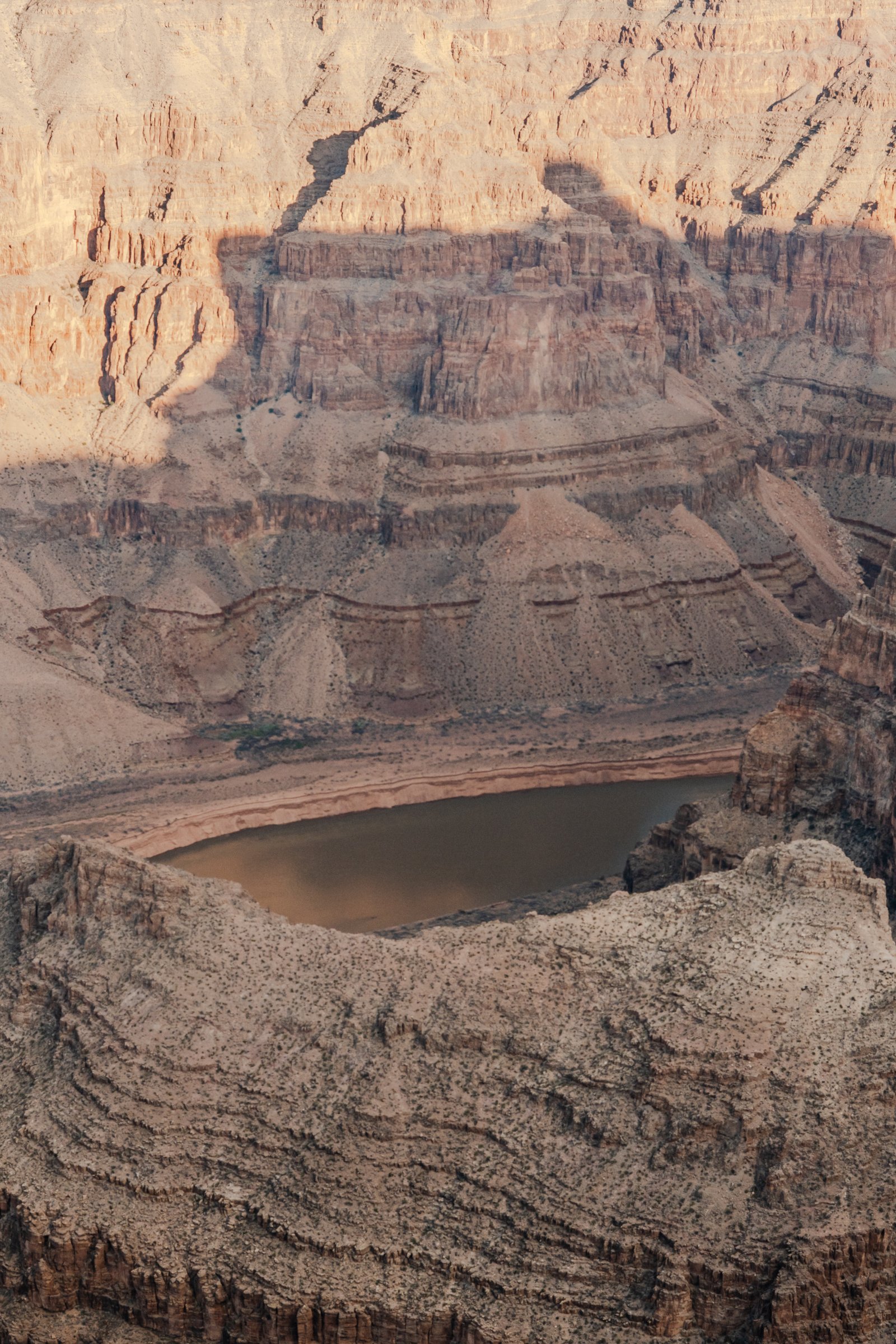 The Colorado River visible 1,600 m below. The canyon is not just wide; it is staggering in its depth.