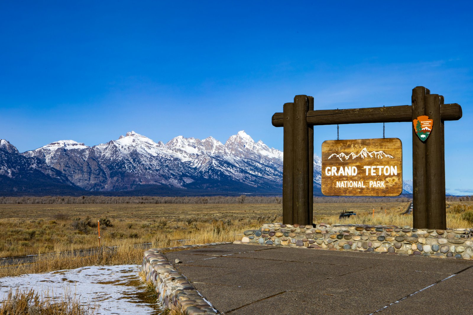 Grand Teton National Park entrance with the Teton range behind