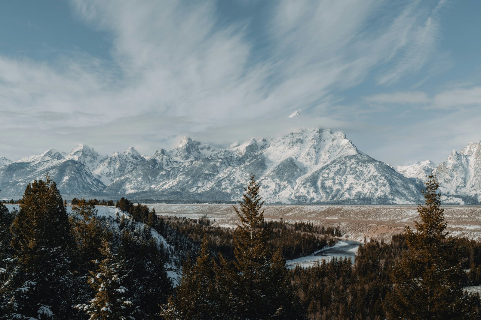 Scenic view of the Grand Teton range from the valley floor