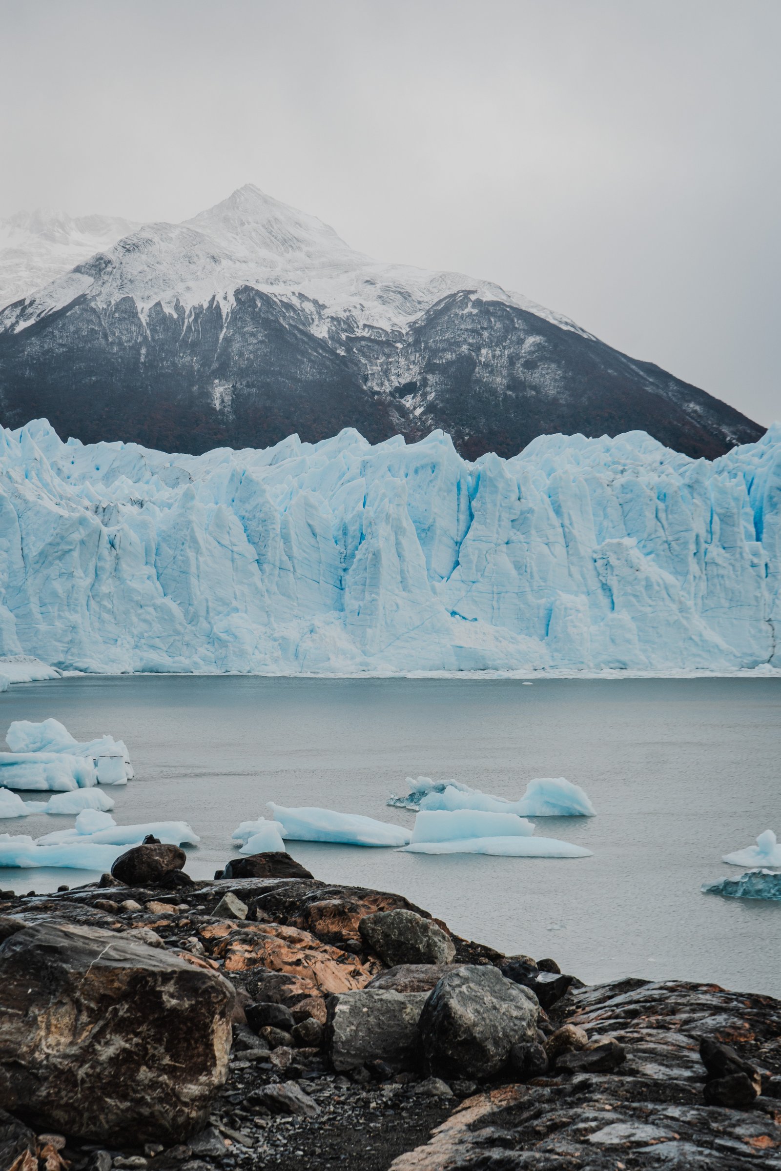 Freshly calved icebergs on the still surface of Lago Argentino