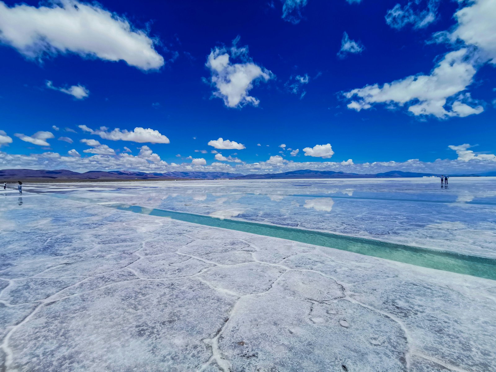 Salinas Grandes salt flat at 3,459 m with turquoise water channels and blue sky
