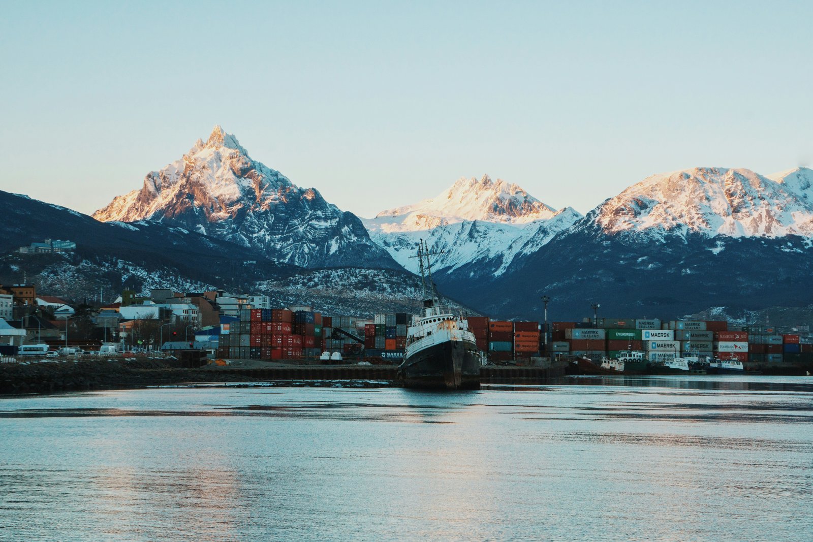 Ushuaia city and port with the Martial Range behind