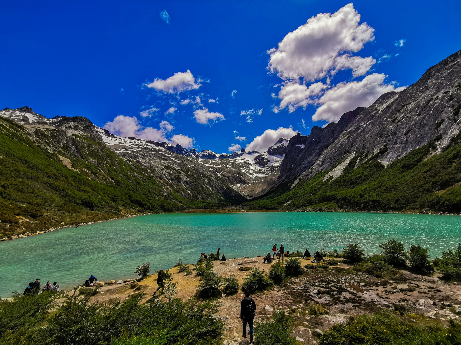Turquoise glacial lake at Laguna Esmeralda surrounded by lenga beech and hanging glacier