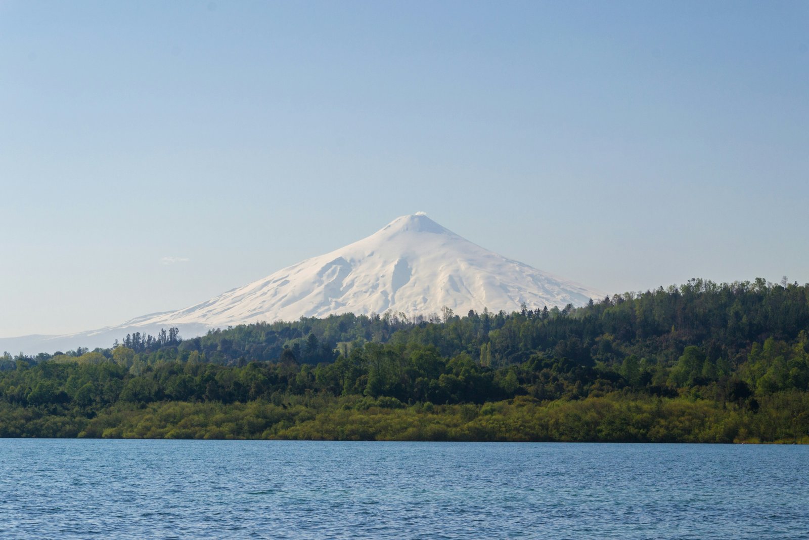 Volcán Villarrica snow-capped cone above green forest and Lago Villarrica
