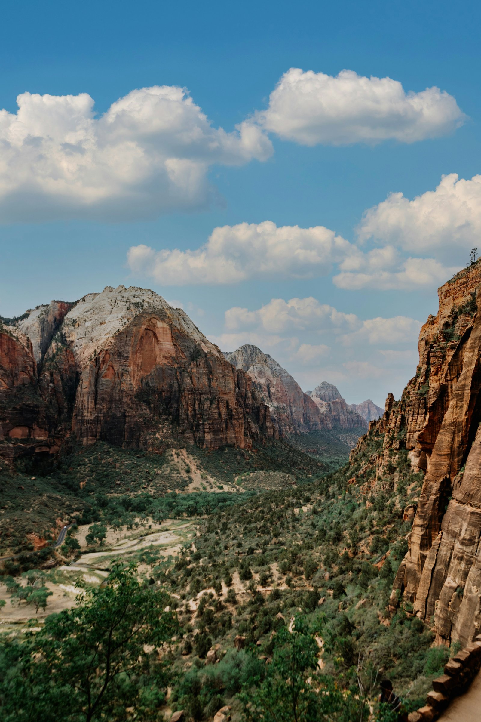Angels Landing ridge with chain holds and canyon depth below